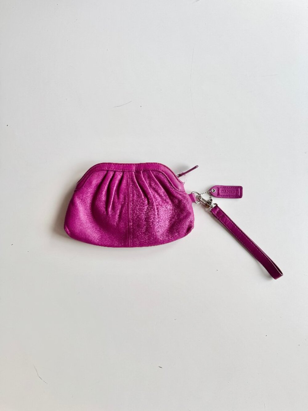 Vintage DANIER Magenta Purple Leather Small Ruched Wristlet Pouch